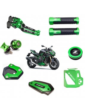 Acube Mart Combo of Kawasaki Z900 Accessories Lever Clutch, Handle Grip, Front and Rear Brake Fluid Cover, Disc Oil Cap, Bike Side Stand Extender with Z900 Logo Complete 7Items (Green)