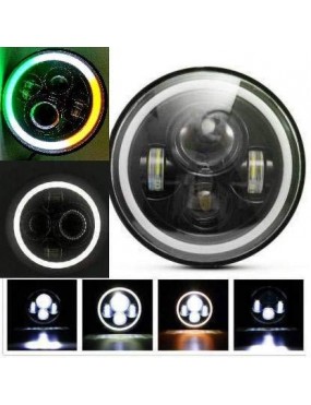 Acube Mart  7 Inch Round Headlight with Full Ring Tricolor(Tiranga) DRL Angel Eyes & Hi/Low Beam Compatible with Royal Enfield, Jeep & Harley Davidson