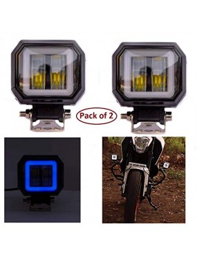 Acube Mart 3 Inch square White Fog Light with blue Halo Angel Eye Ring for Bike Motorcycle Car & Off Road SUV (20W, 2 Pcs)